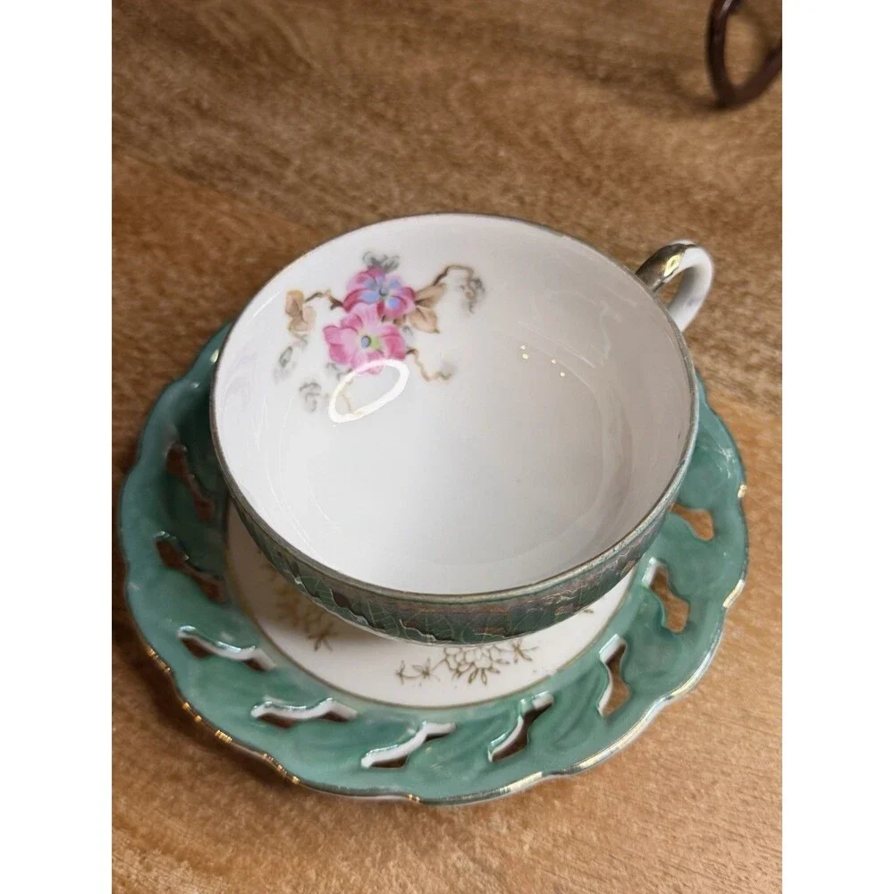 Vintage Unmarked Iridescent Green Lusterware Footed Teacup & Reticulated Saucer